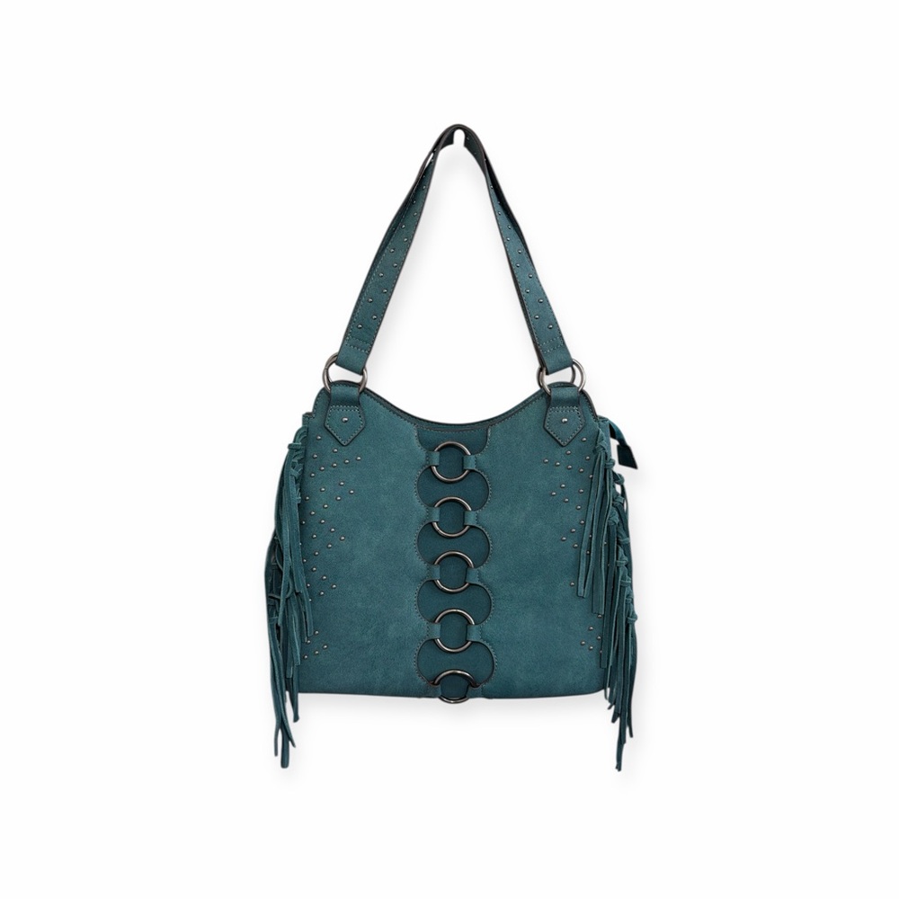 Justin Boots Fringe Leather and Suede Large Shoulder Bag in Teal